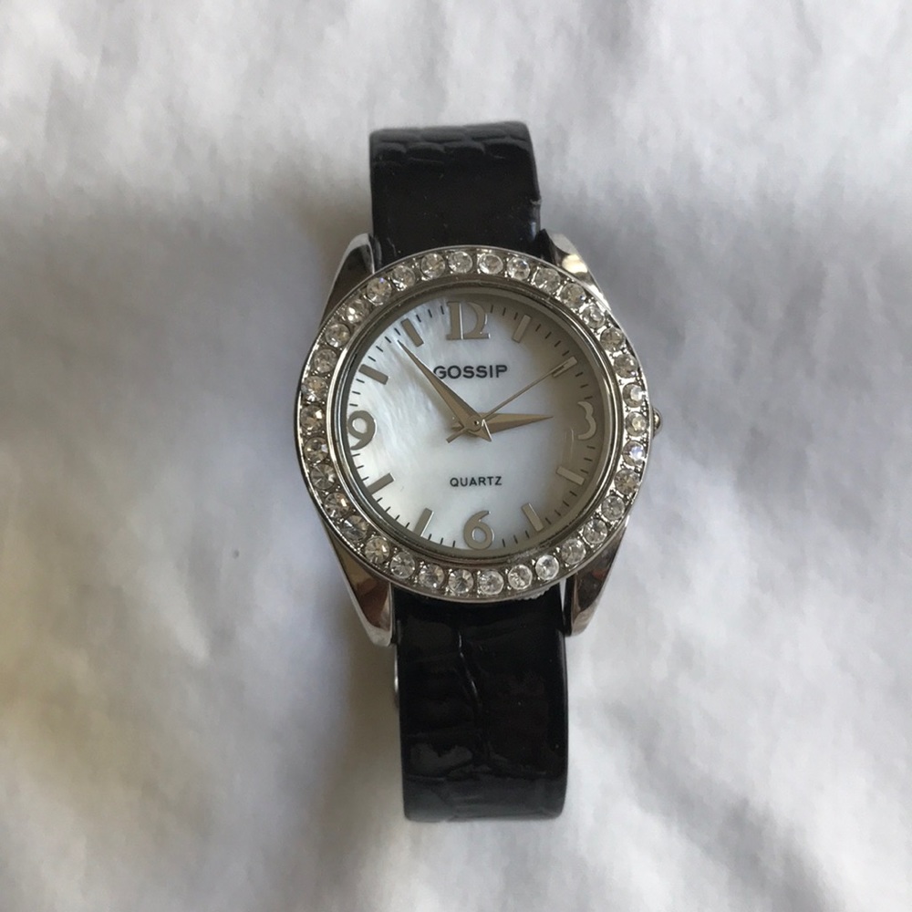 Gossip Rhinestone Bling Watch with Black Leather Alligator skin Band